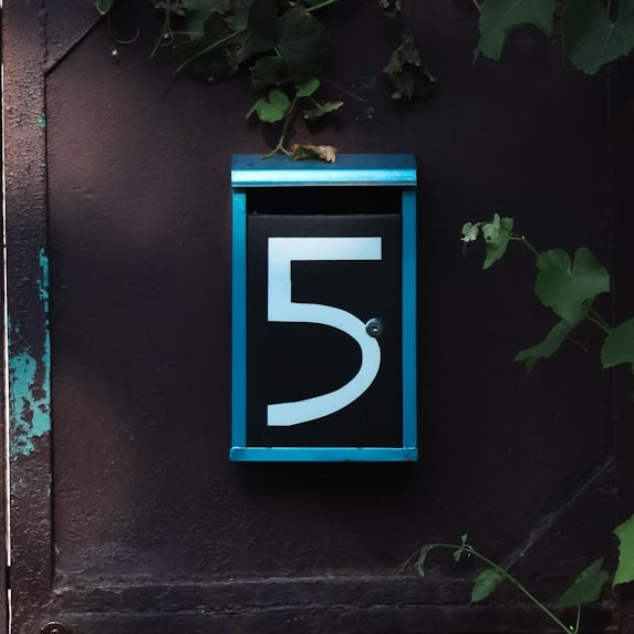 Hausnummer fünf in blauer Umrandung, umgeben von grünem Blattwerk.